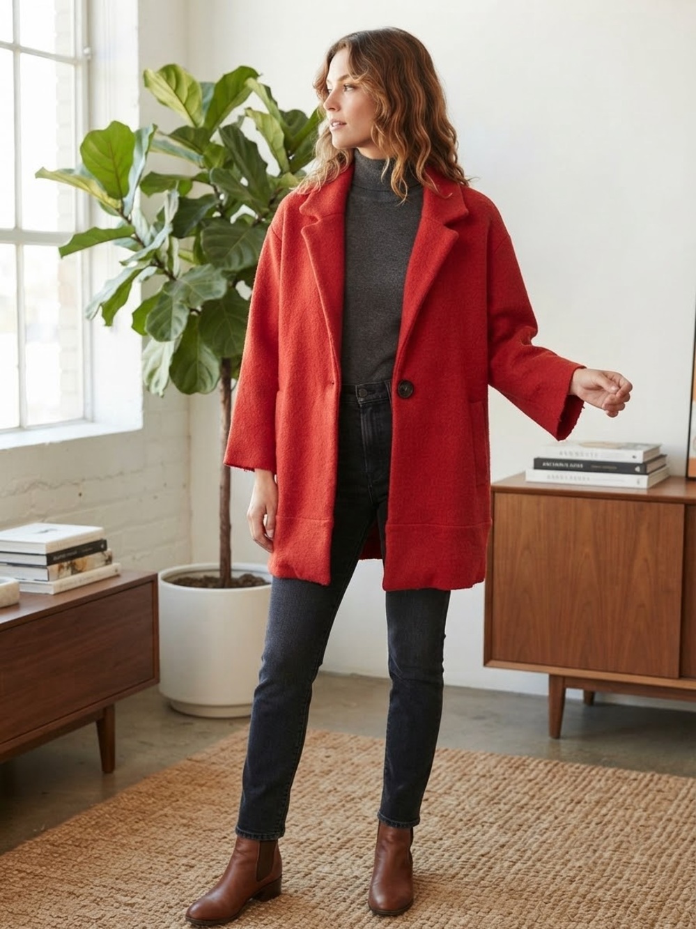 Anthropologie Red Wool-Blend Single-Button Pea Coat